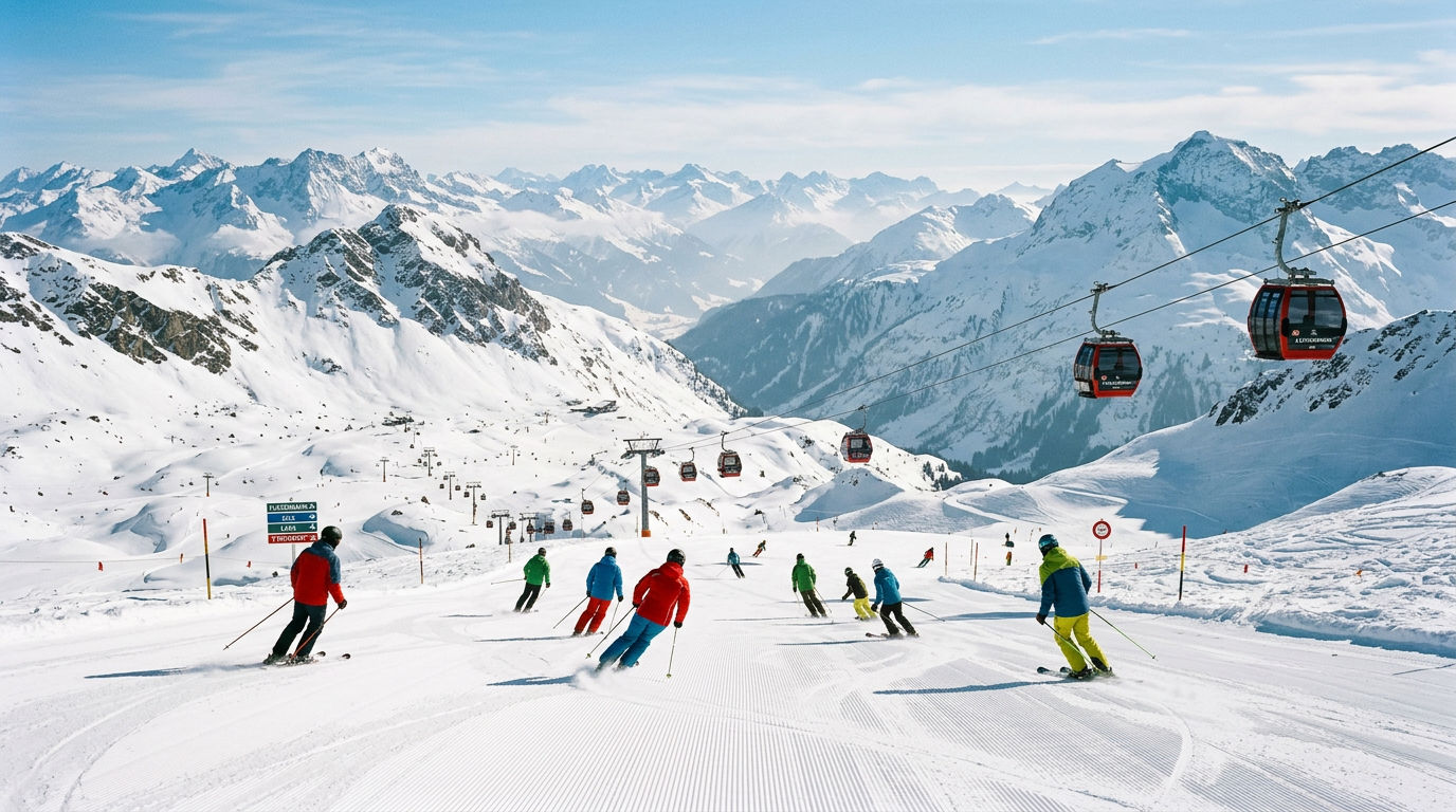 Interconnected ski terrain across the Arlberg with groomed piste and gondola connecting mountain peaks under bright winter sunshine