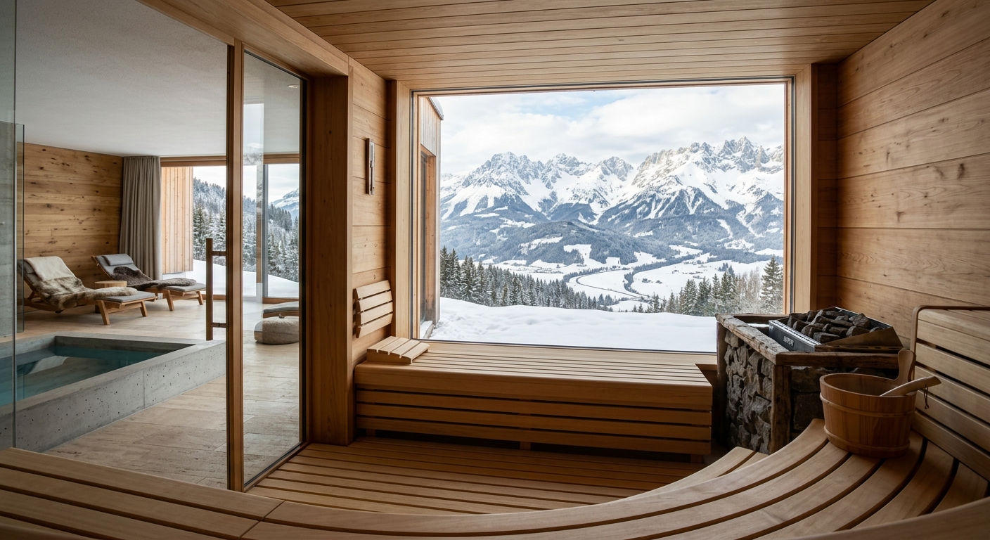 Interior of an Austrian ski chalet wellness area with wooden sauna and panoramic alpine window view of snowy mountains