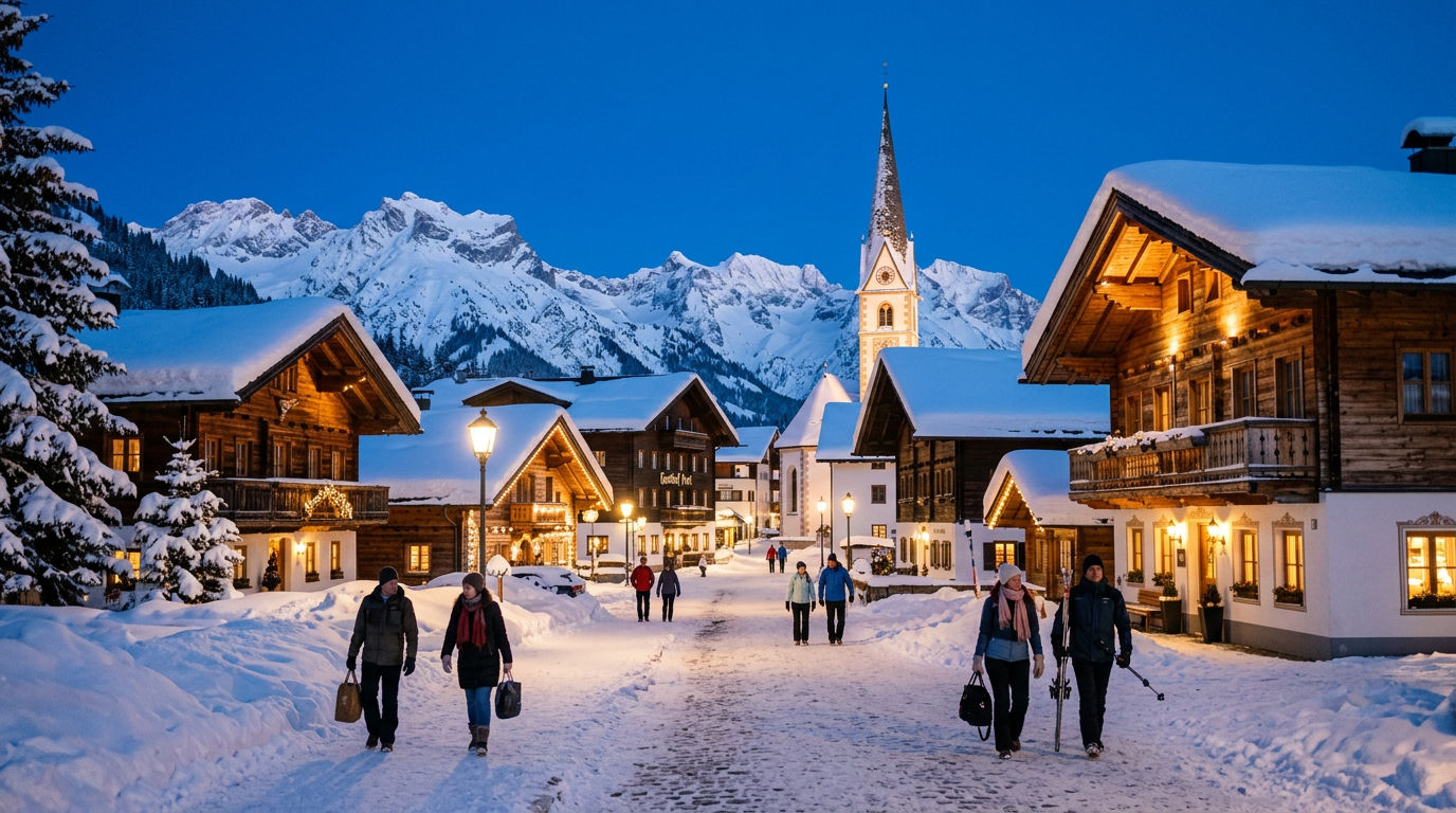 The village of Lech am Arlberg in winter with traditional Austrian chalets, a church spire, and snow-covered mountains behind
