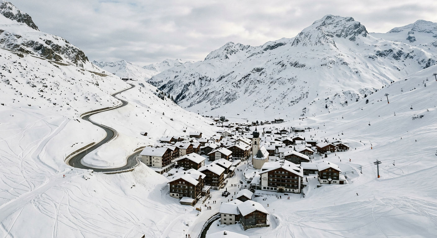 The compact ski village of Zürs am Arlberg from above, surrounded by snow-covered slopes with the Flexenpass road visible
