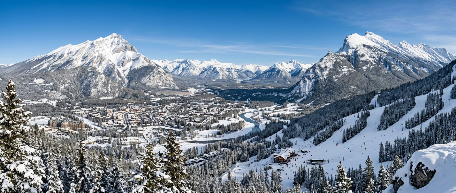 Snow-covered peaks above Banff townsite with ski runs visible on the surrounding mountains