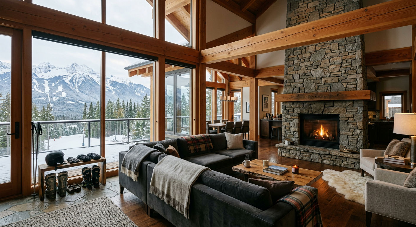 Mountain chalet interior with large windows overlooking snowy peaks, warm wooden beams and stone fireplace