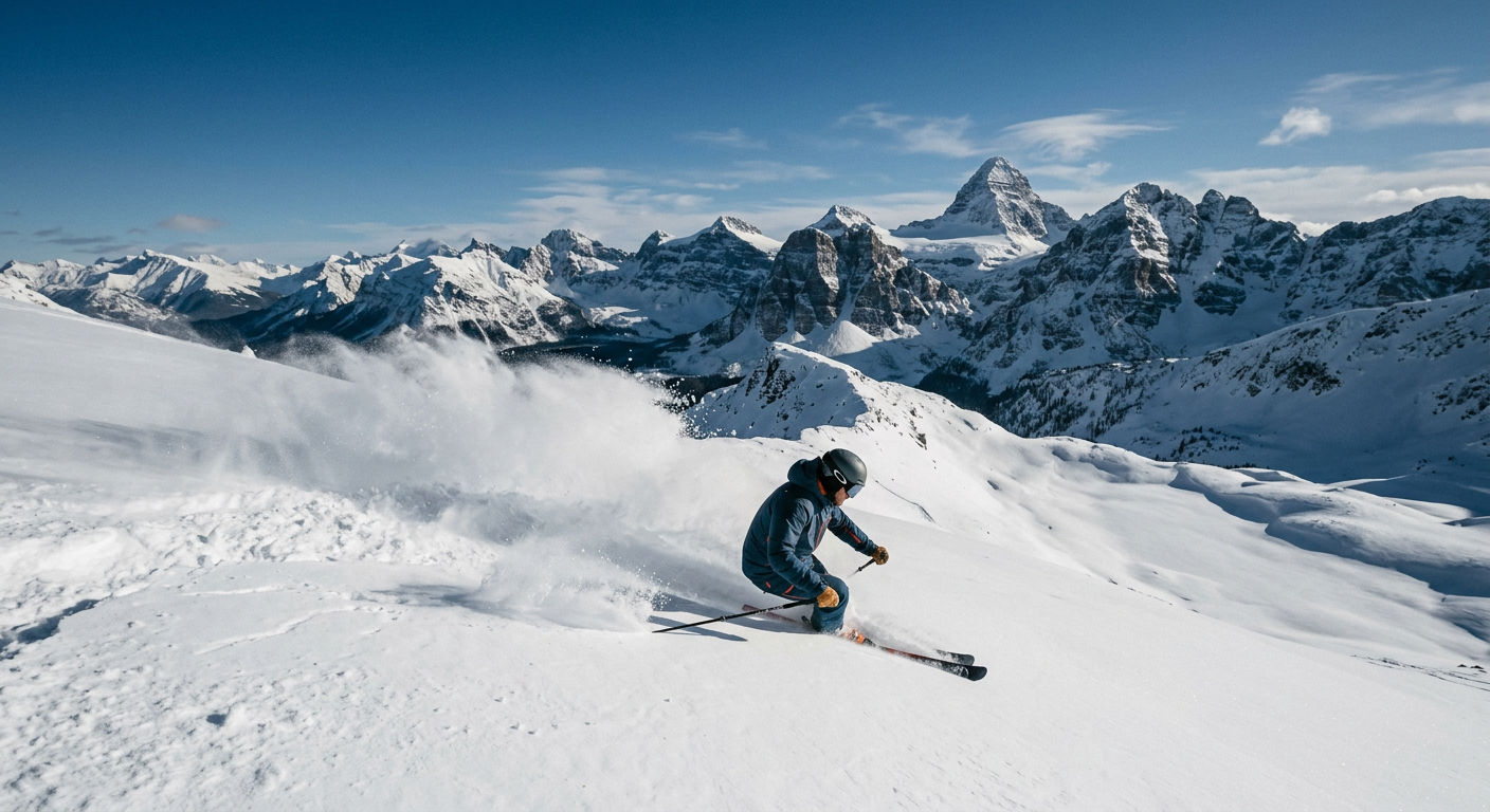 Skier carving powder turns through an expansive alpine bowl in the Canadian Rockies