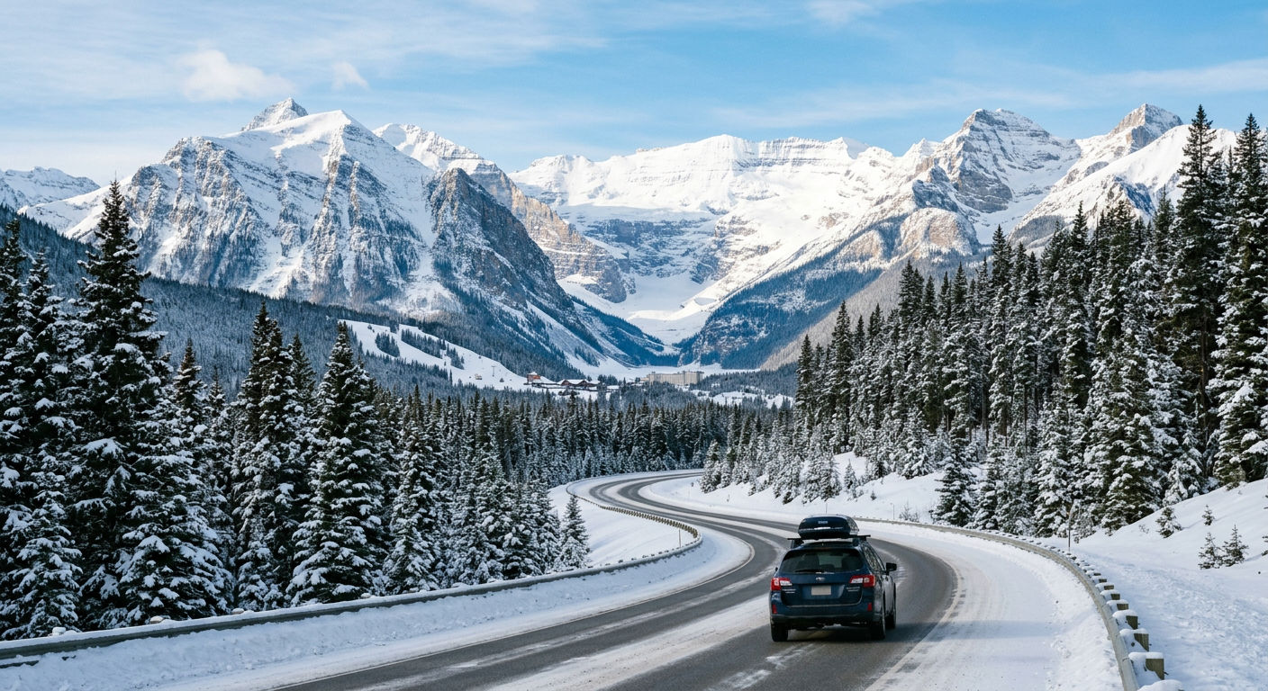 Scenic winter highway through the Canadian Rocky Mountains with towering snow-covered peaks and evergreen forests