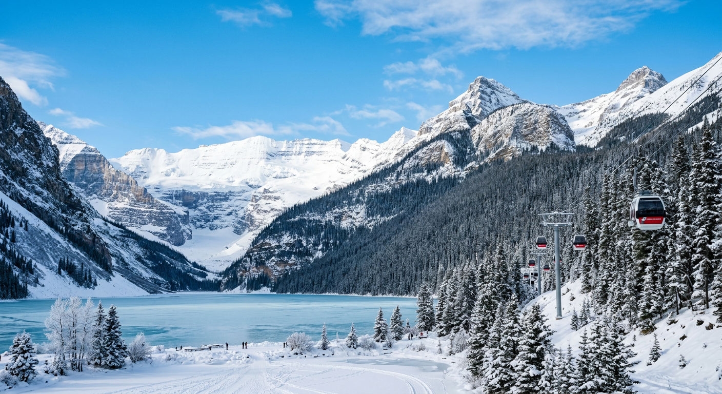 Canadian Rocky Mountain landscape with snow-covered peaks and frozen turquoise lake below