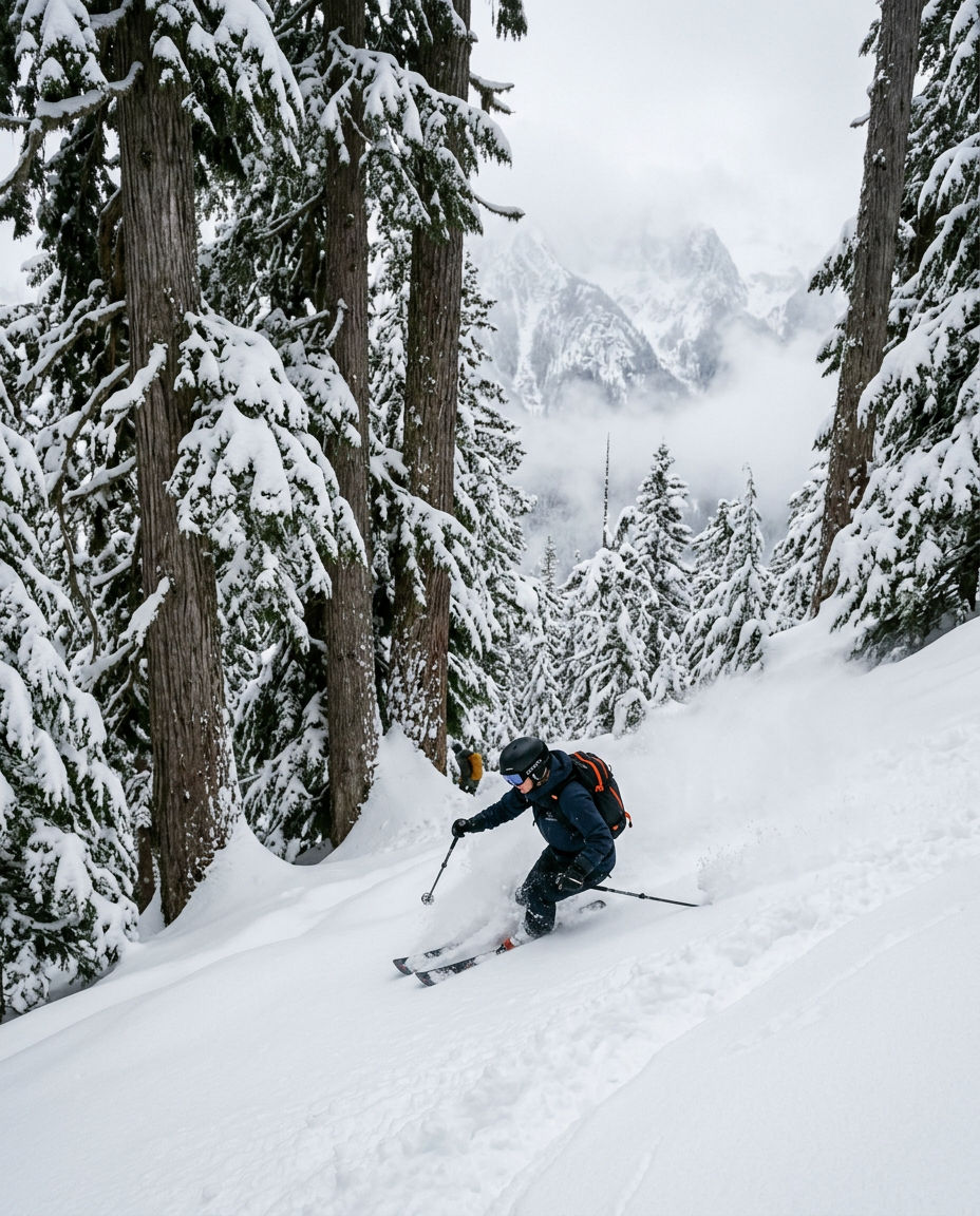 Deep powder skiing through old-growth cedar forest in interior British Columbia