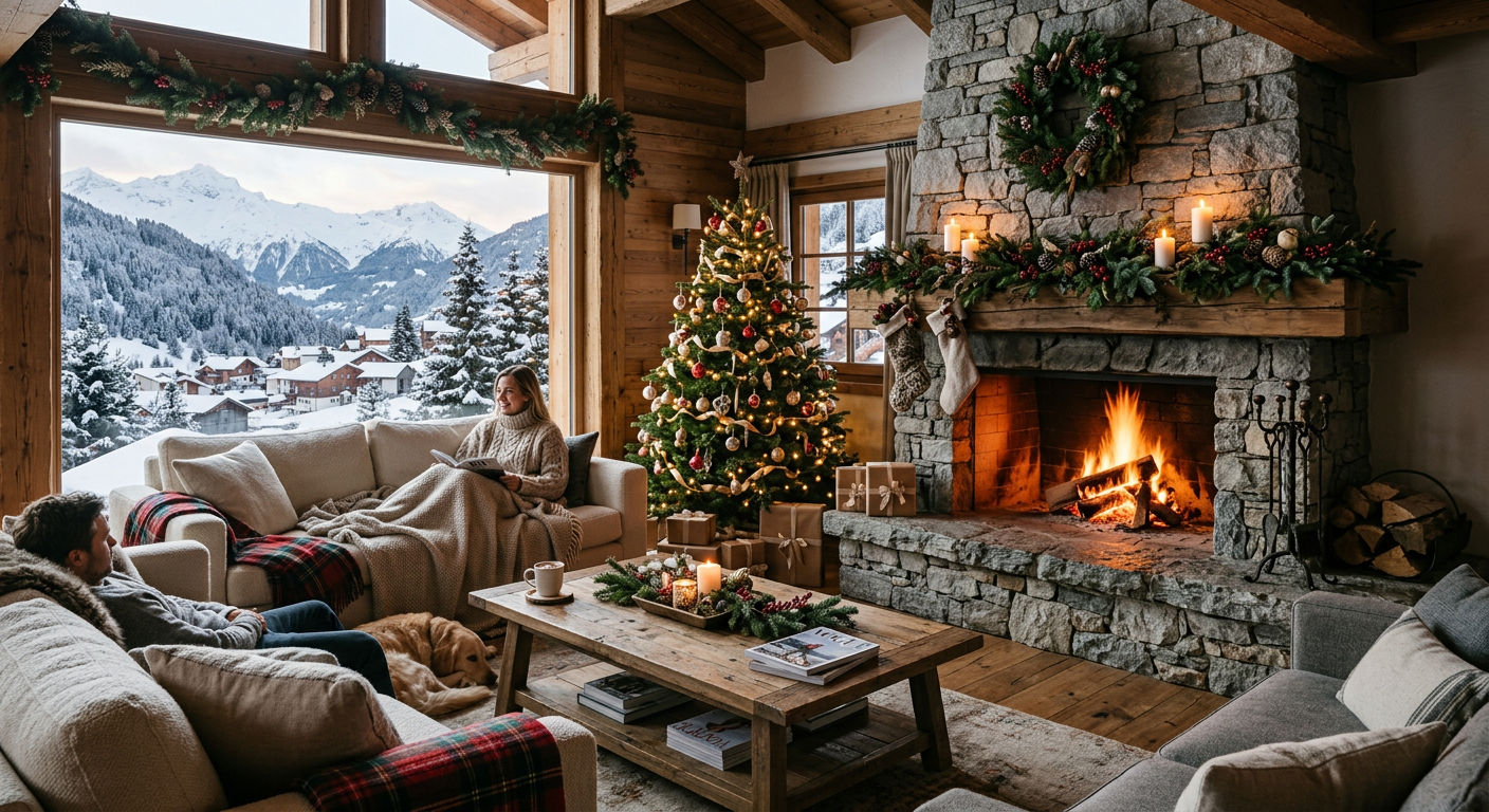 Interior of a luxury ski chalet with a stone fireplace, floor-to-ceiling mountain views, and understated Christmas decorations