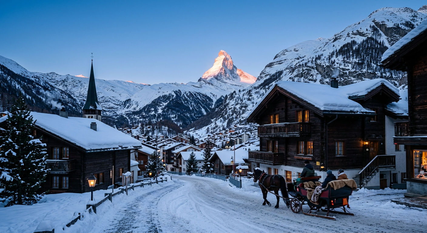 The Matterhorn peak rising above traditional dark timber chalets in car-free Zermatt village on a winter morning