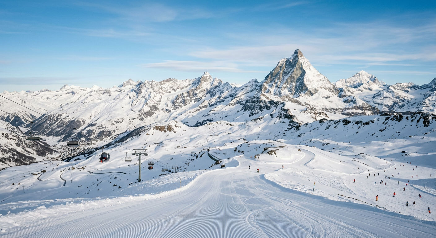 Cervinia ski resort with the Matterhorn peak and wide groomed slopes at high altitude