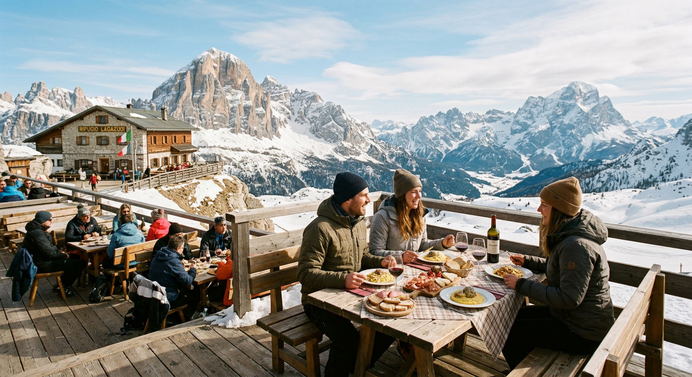 Italian mountain rifugio restaurant terrace with panoramic Dolomite views and diners enjoying food