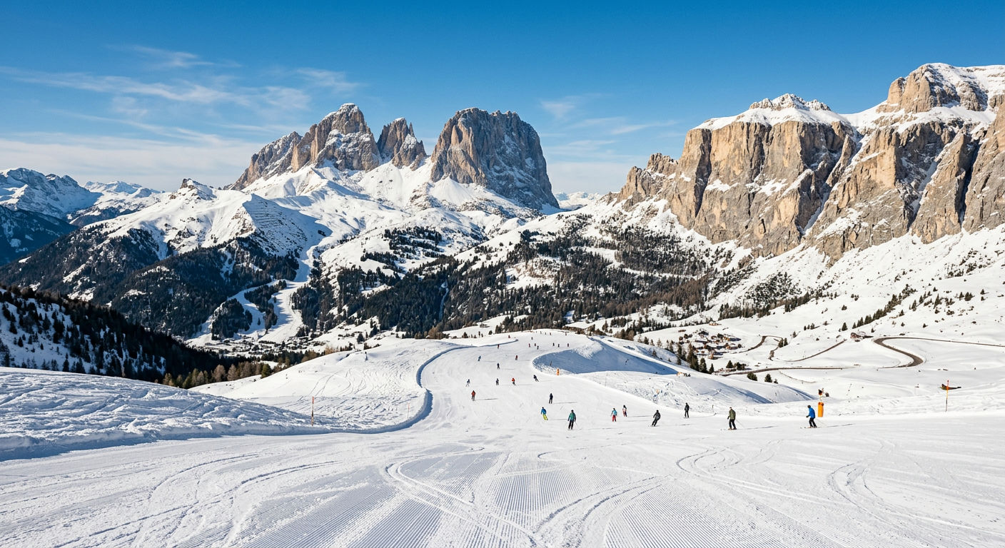 Sella Ronda ski circuit winding between Dolomite limestone peaks with pristine snow and blue sky
