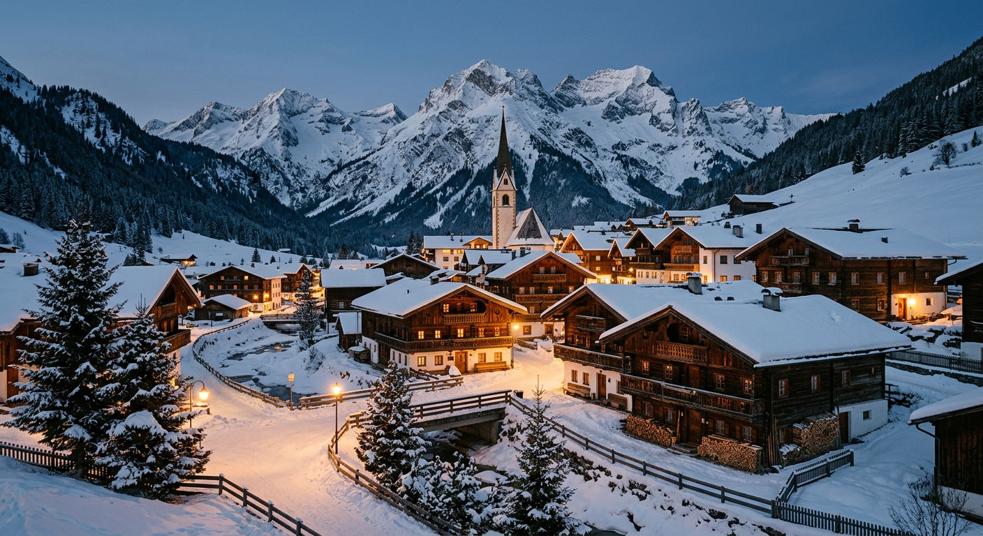 Traditional Austrian alpine village with Tyrolean chalets in winter dusk
