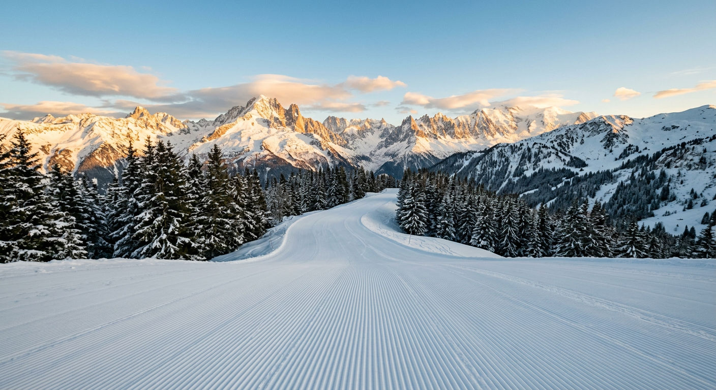 Groomed ski slope at golden hour with alpine peaks in the background