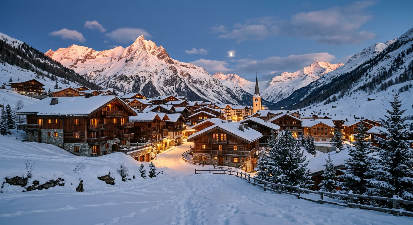Snow-covered luxury alpine village with illuminated chalets at twilight against mountain peaks