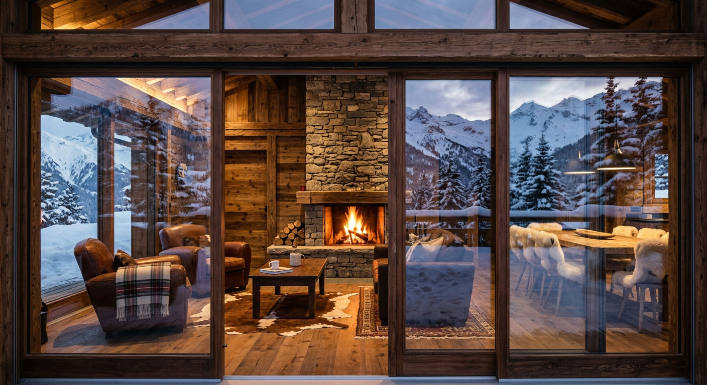 Luxury ski chalet interior with floor-to-ceiling windows and mountain views