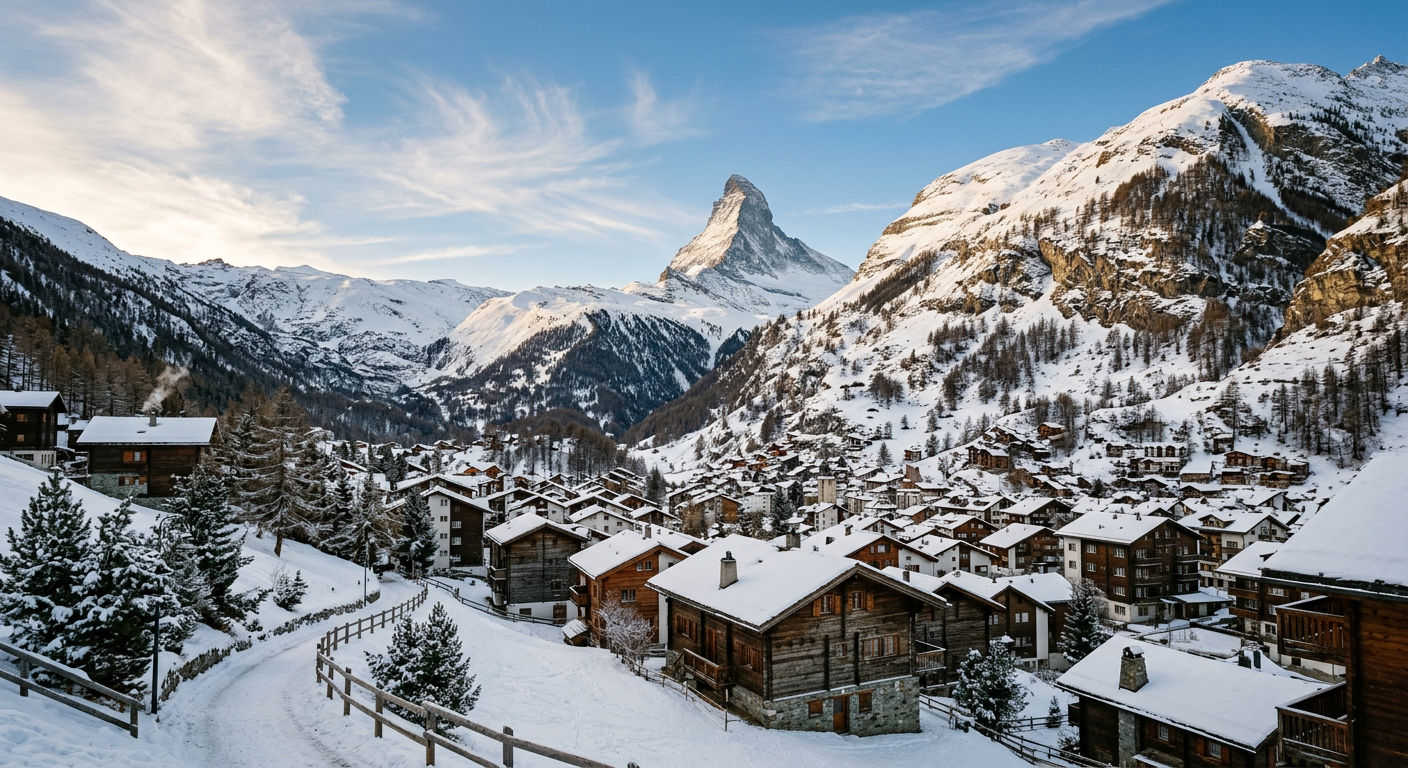 The Matterhorn rising above a traditional Swiss alpine village in winter