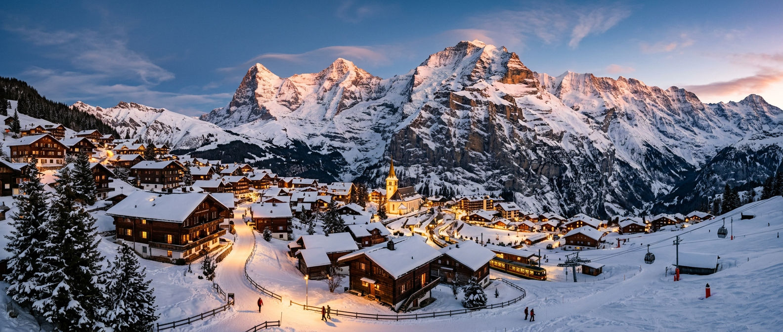 Alpine ski resort village at golden hour with snow-covered peaks and timber chalets