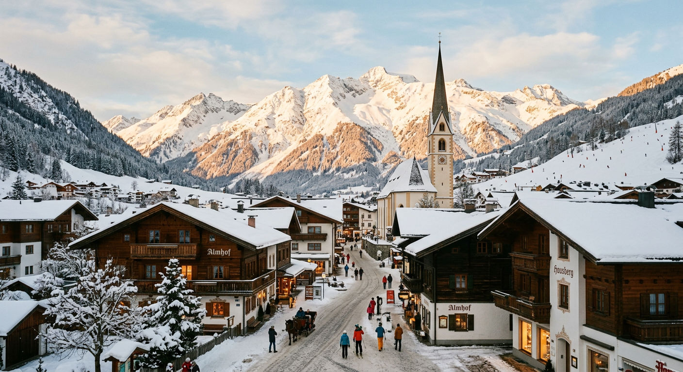 Traditional Austrian ski village of St Anton with church steeple and snow-covered Alps