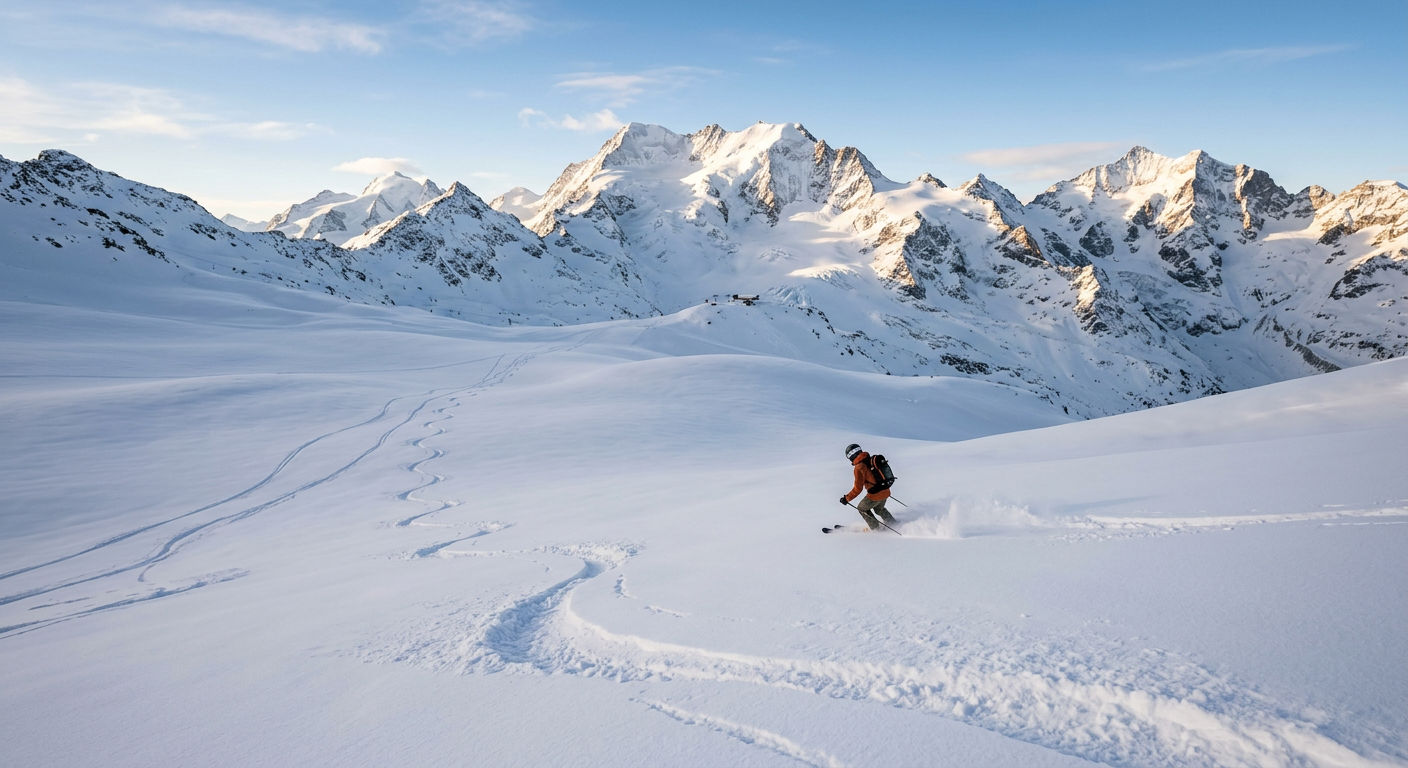 Wide open off-piste terrain above the treeline in Verbier with fresh powder tracks