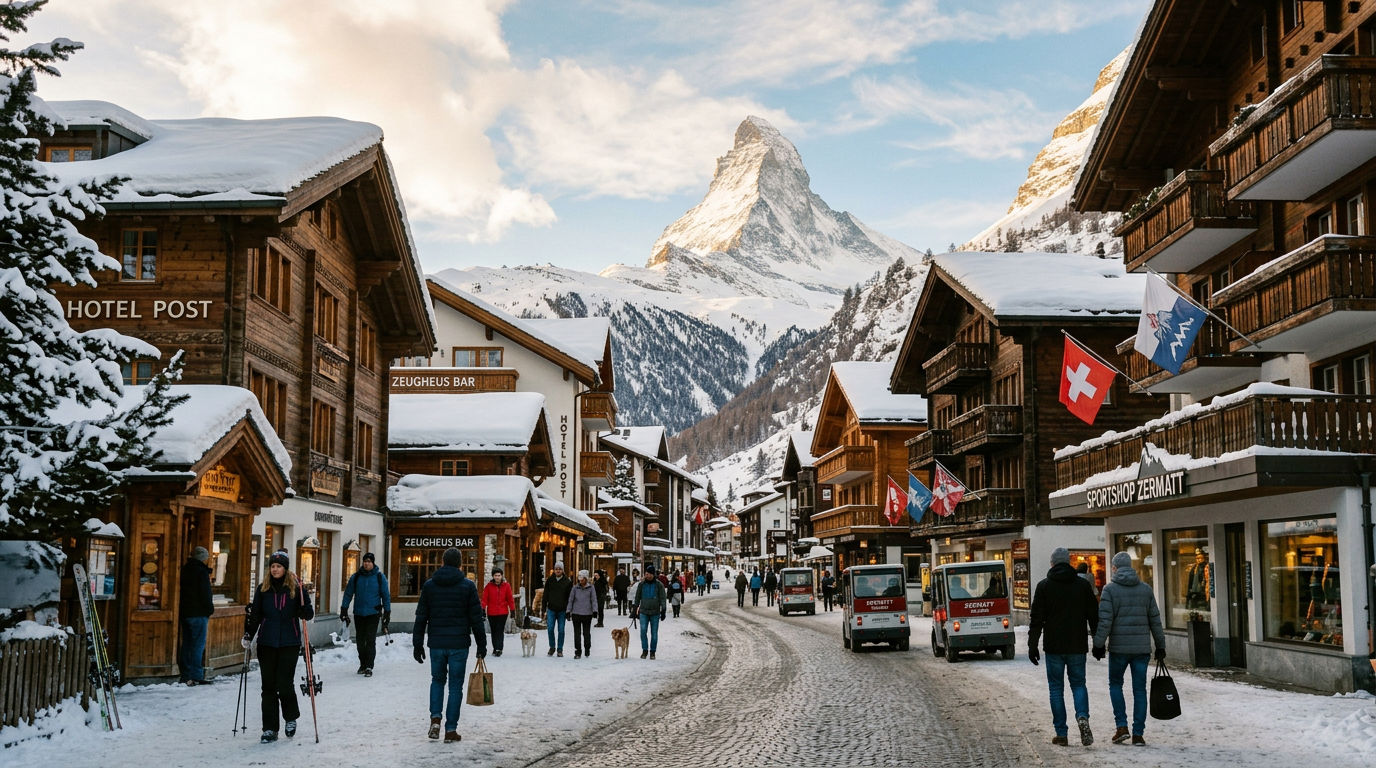Zermatt village with the Matterhorn mountain rising behind traditional wooden chalets