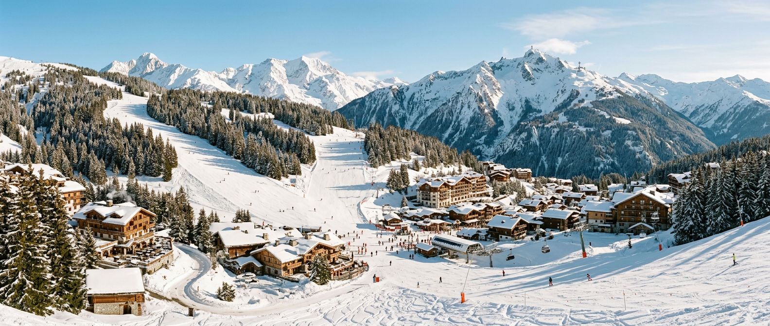 Panoramic alpine resort view with wide groomed runs and mountain peaks