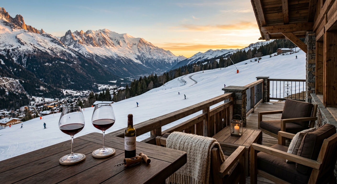 Luxury ski chalet terrace overlooking a gentle ski slope at golden hour