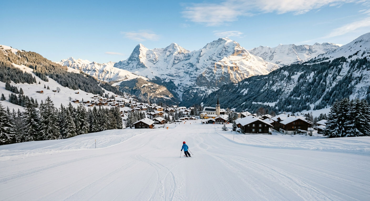 Wide groomed beginner ski slope with gentle terrain and an alpine village at the base of snow-covered mountains