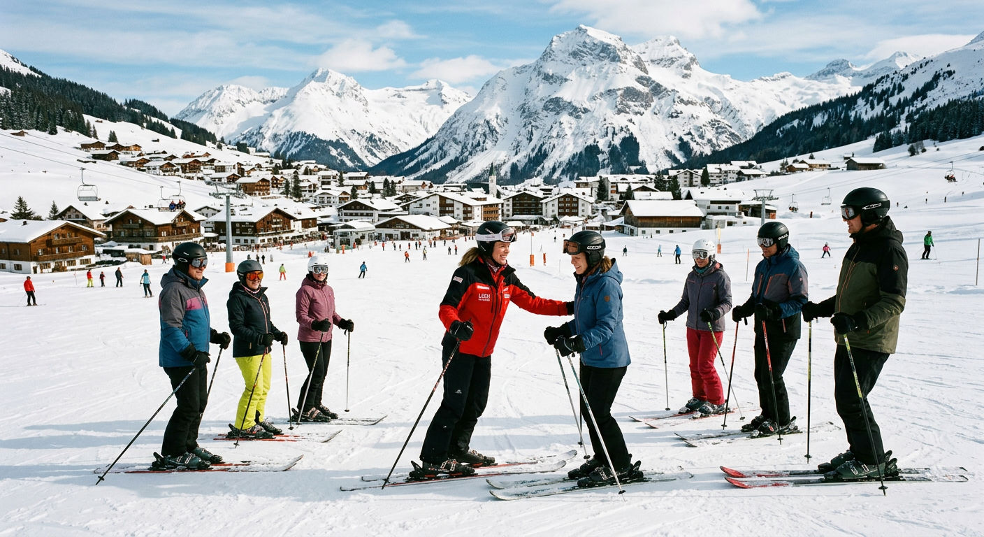 Ski school group lesson on a wide beginner slope in the Alps with mountains in the background