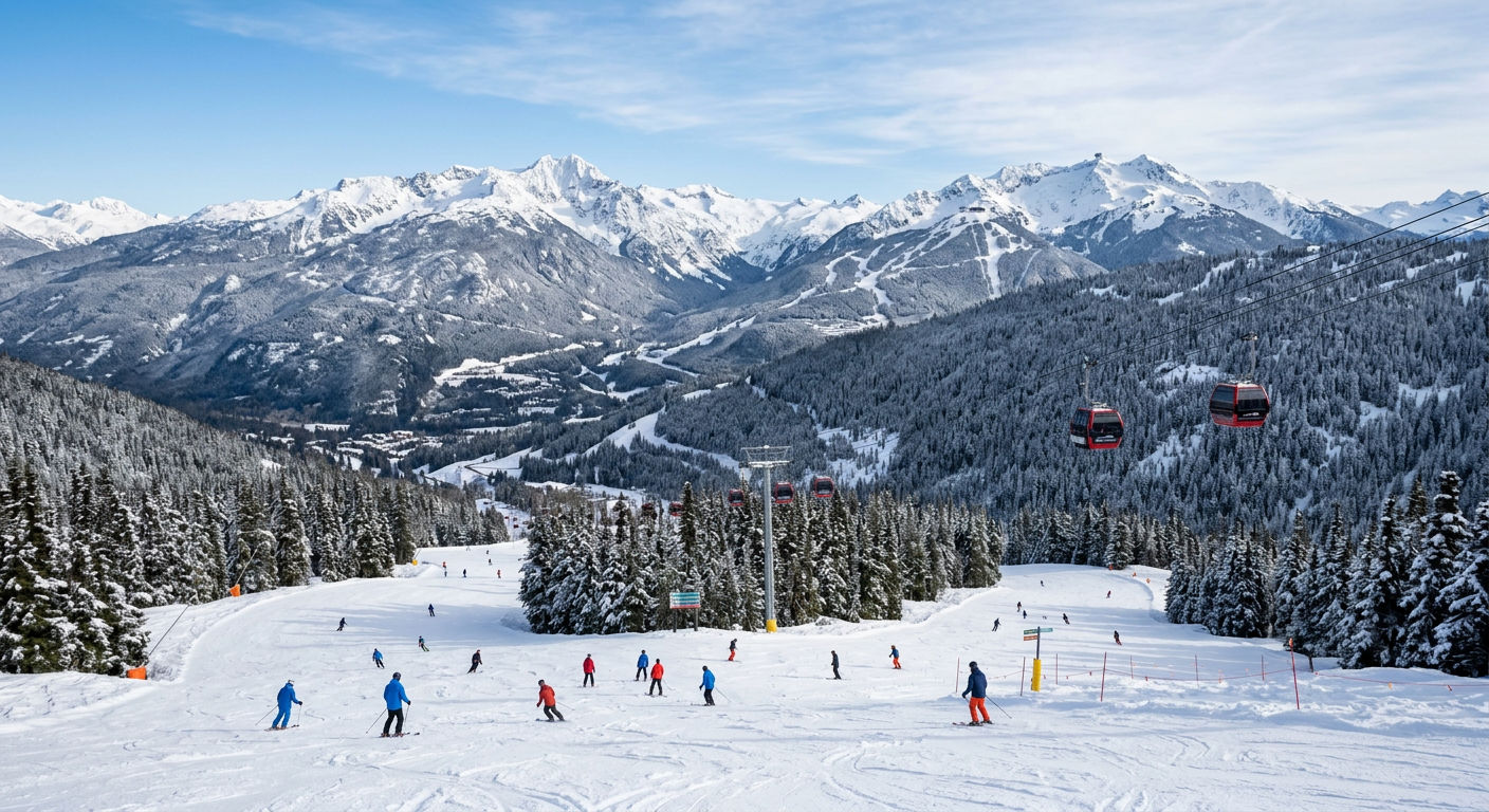 Whistler Blackcomb ski resort with snow-covered mountains and expansive beginner terrain