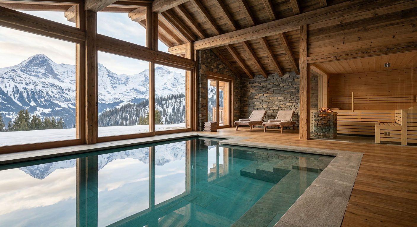 Interior of an alpine chalet spa with an indoor pool, sauna, and floor-to-ceiling windows framing snow-covered mountains