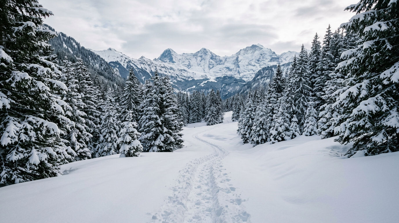 A cleared winter walking trail through deep snow in an alpine valley, flanked by snow-laden pines under soft overcast daylight