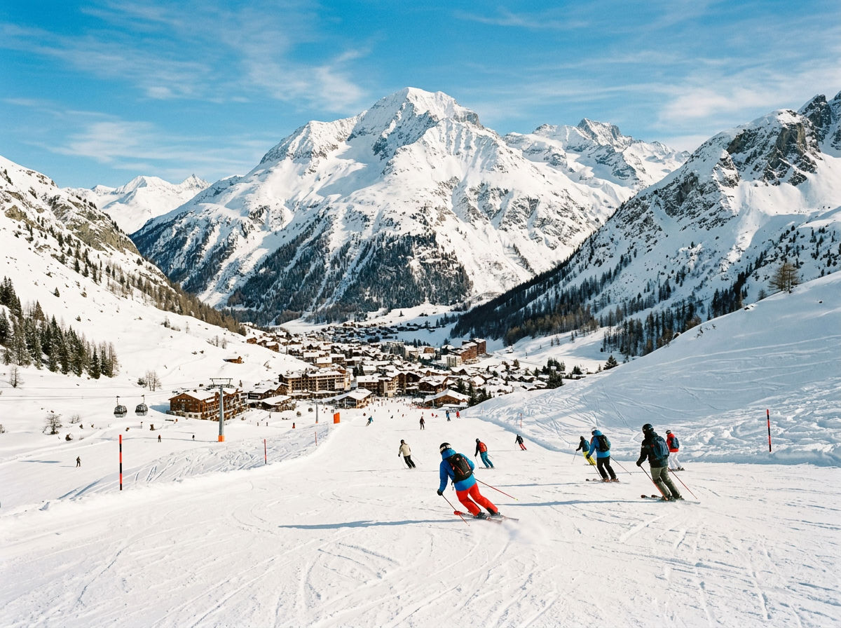 Val d'Isère ski slopes with skiers carving on wide groomed pistes and mountain peaks beyond
