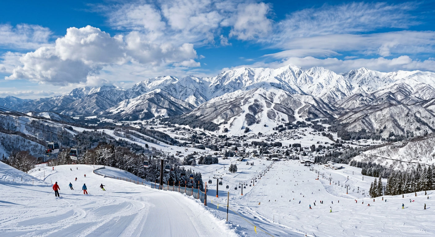 Panoramic view of Hakuba Valley ski area with the Japanese Alps in winter