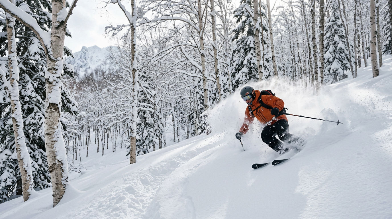 Skier carving through deep powder in a birch forest in Niseko, Hokkaido