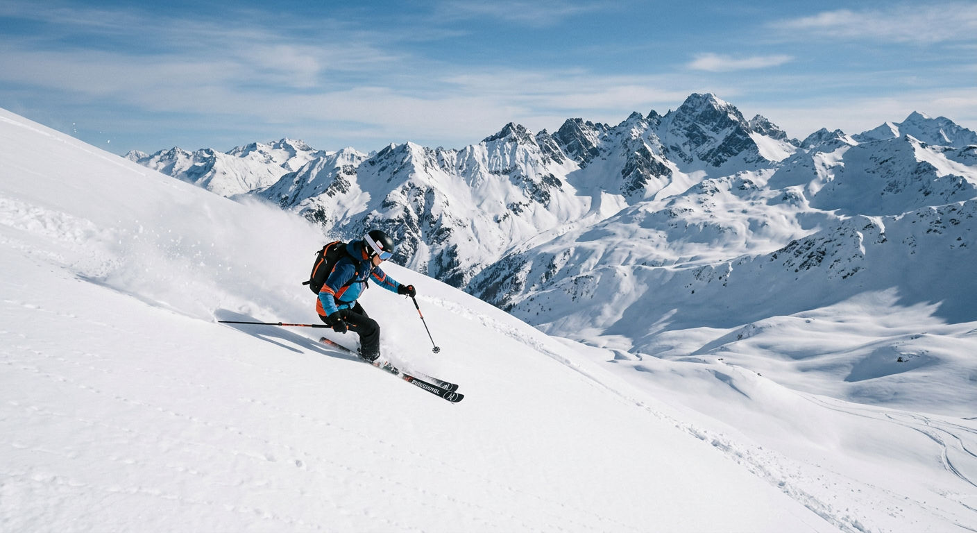 Off-piste skier carving through deep powder on an open Arlberg mountain face with alpine ridgeline behind