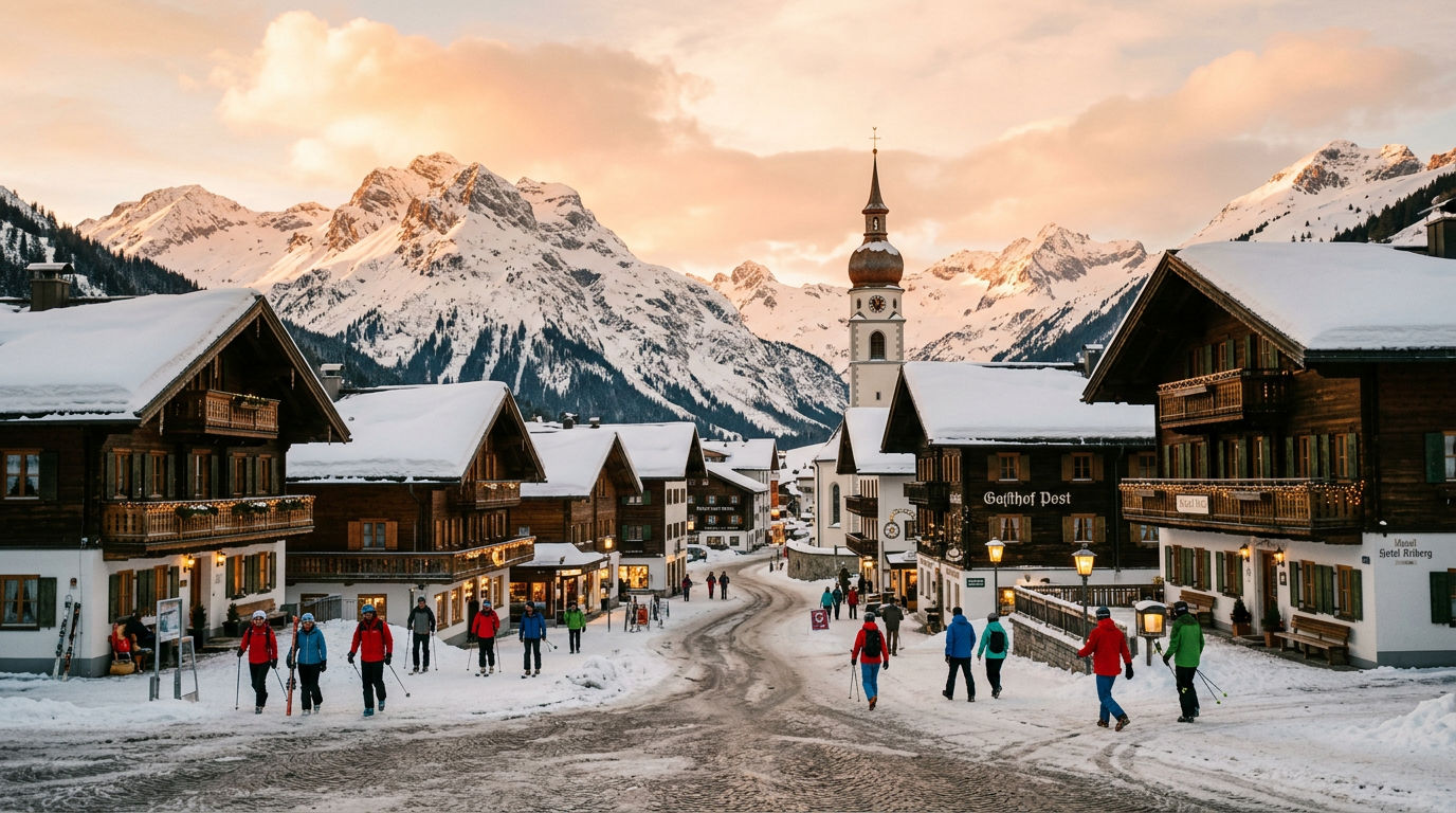 Austrian ski village with traditional wooden chalets and snow-covered alpine peaks at golden hour
