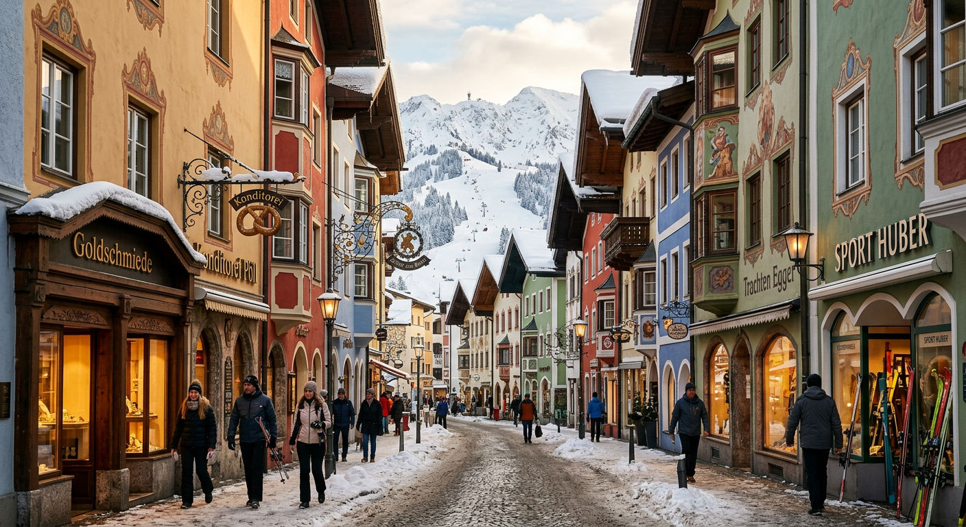 Medieval Kitzbuhel town centre with colourful facades along cobblestone streets and ski slopes visible in the distance
