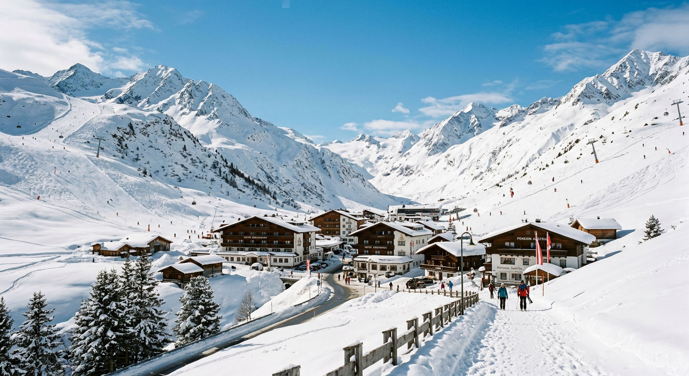 High-altitude Austrian village of Obergurgl surrounded by pristine white mountains and groomed ski pistes