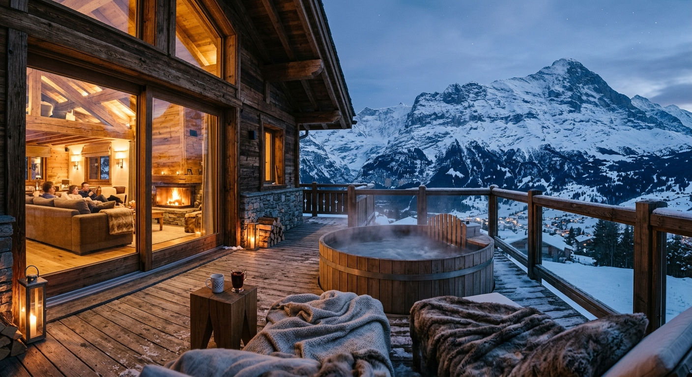 Luxury alpine chalet terrace with outdoor hot tub and panoramic snow-covered mountain view at dusk