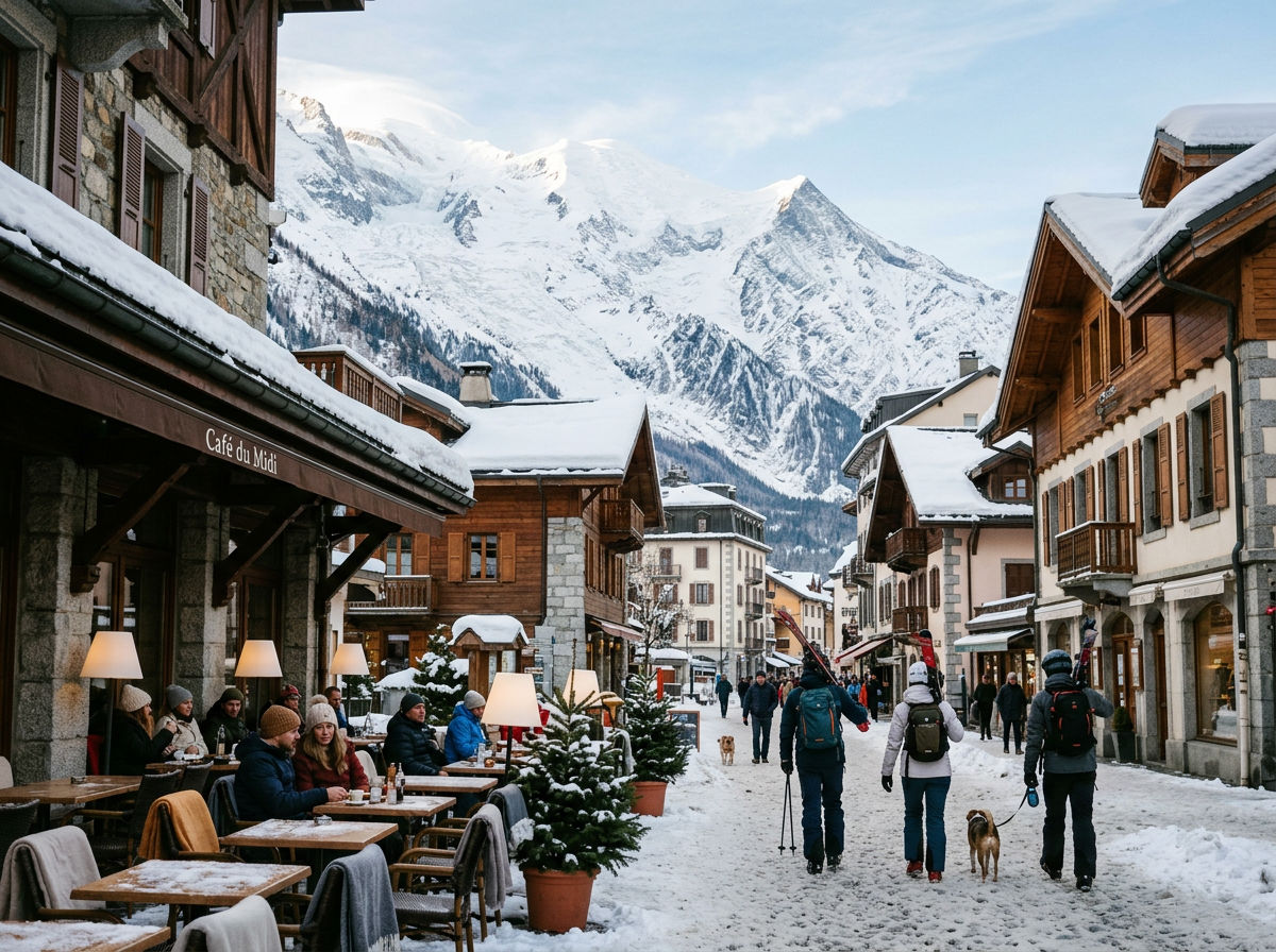 French alpine town with outdoor cafe terrace, stone buildings, and glacier-covered mountain peak