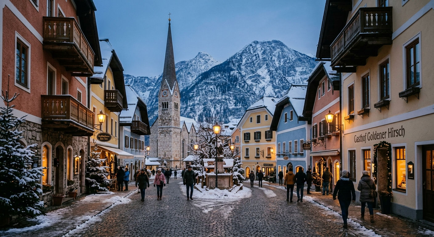 Medieval alpine town centre with pastel facades, Gothic church tower, and snow-capped mountains
