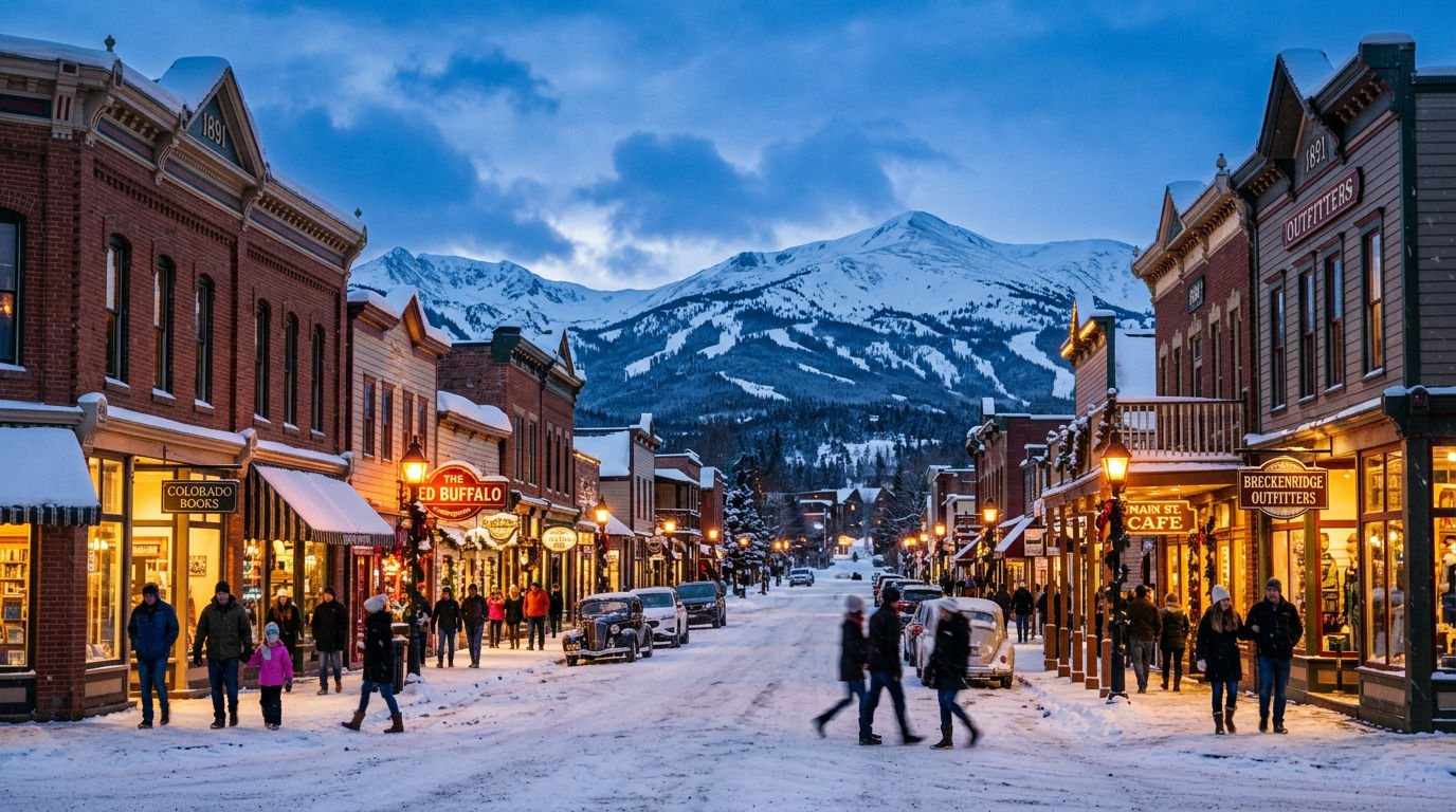 Historic Colorado mountain town with snow-dusted Main Street and Victorian storefronts