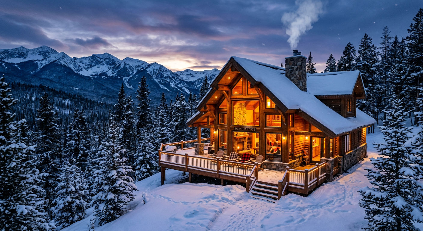 Timber-frame ski chalet illuminated at dusk with mountain views
