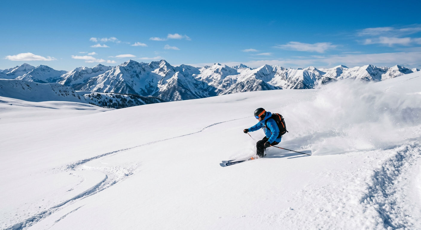 Skier carving through deep powder in an open alpine bowl