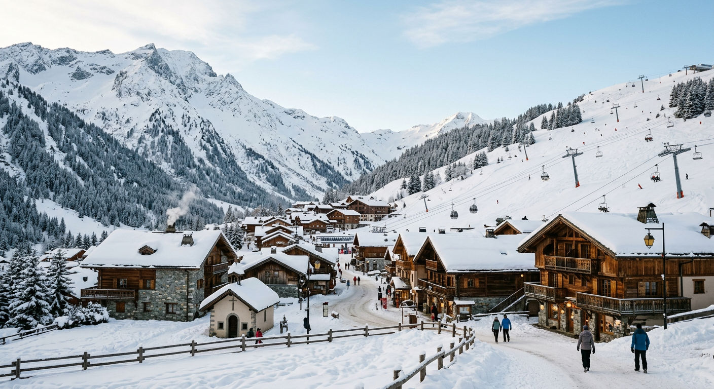 Traditional alpine village nestled in a snowy French Alps valley with ski lifts on the mountainside