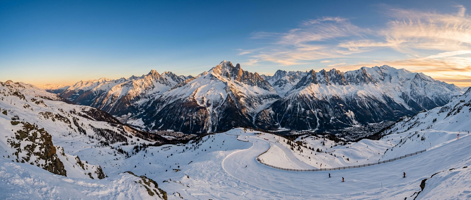 Snow-covered alpine peaks across the European Alps under clear winter sky