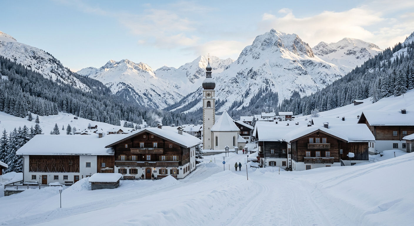 The village of Lech in deep winter snow with traditional Austrian alpine architecture