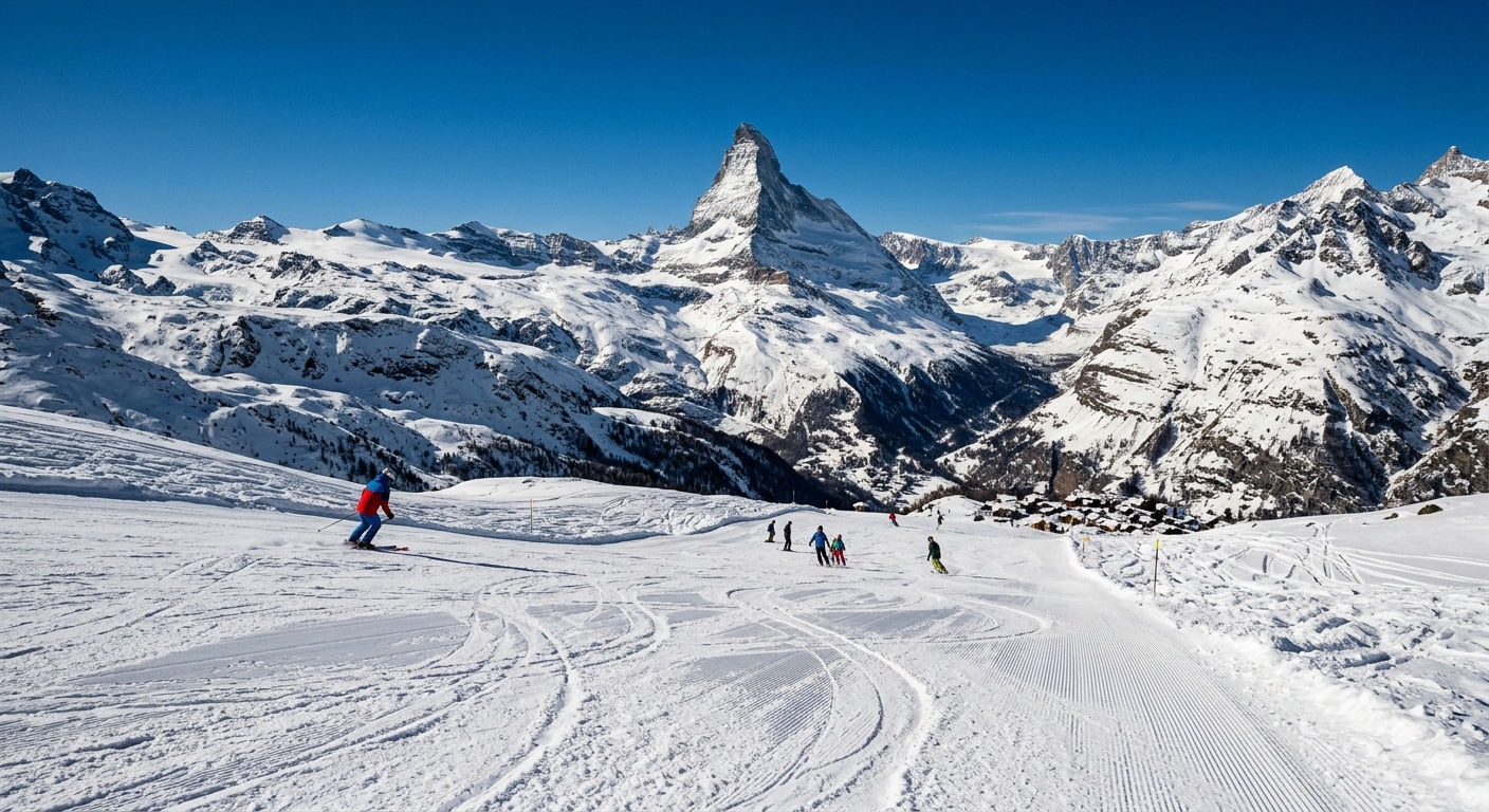 The Matterhorn pyramid rising above groomed ski slopes in Zermatt