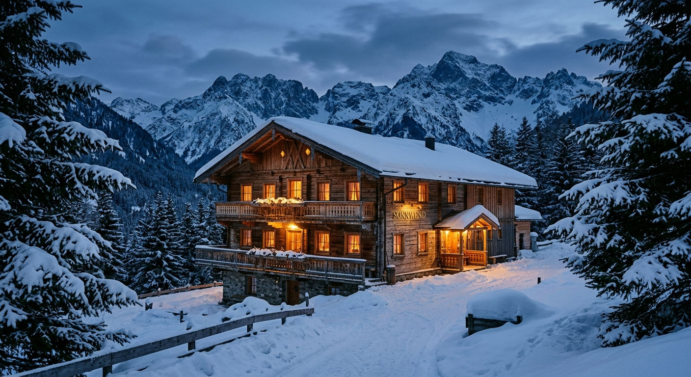 A traditional Austrian chalet with snow-covered wooden balconies and warm interior light against a backdrop of Tyrolean mountains at dusk