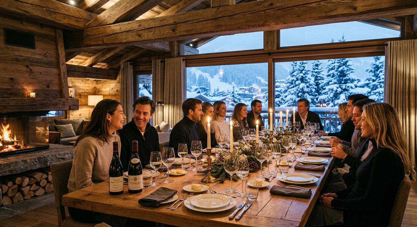 An elegant catered chalet dining room with candlelight and a long wooden table set for dinner